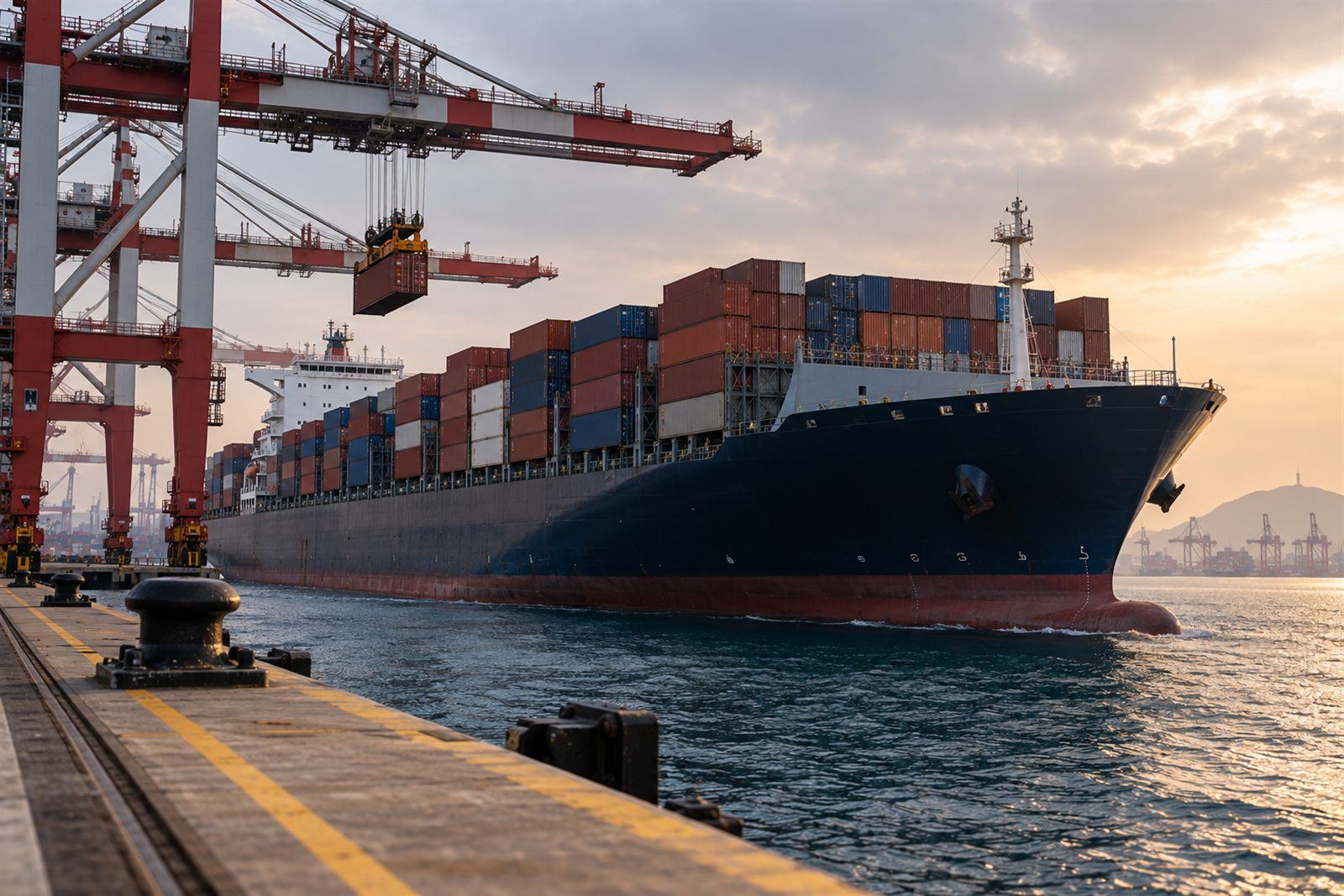 Buque portacontenedores durante una operación en una terminal portuaria